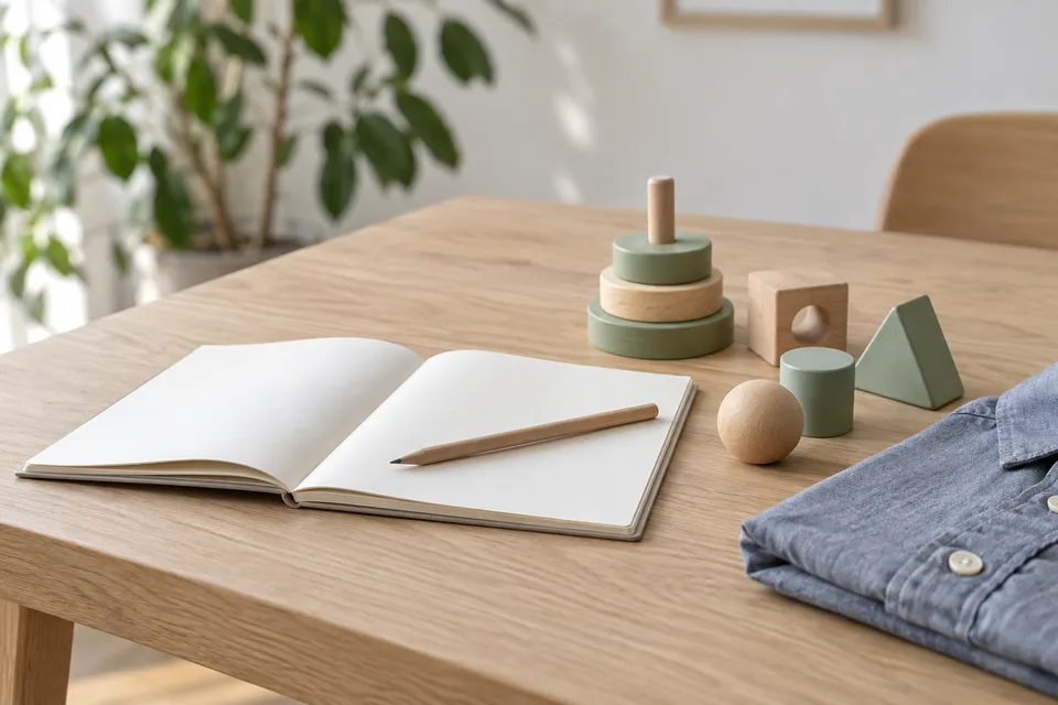 Un carnet, des objets de manipulation et une chemise, supports d’activités du quotidien.